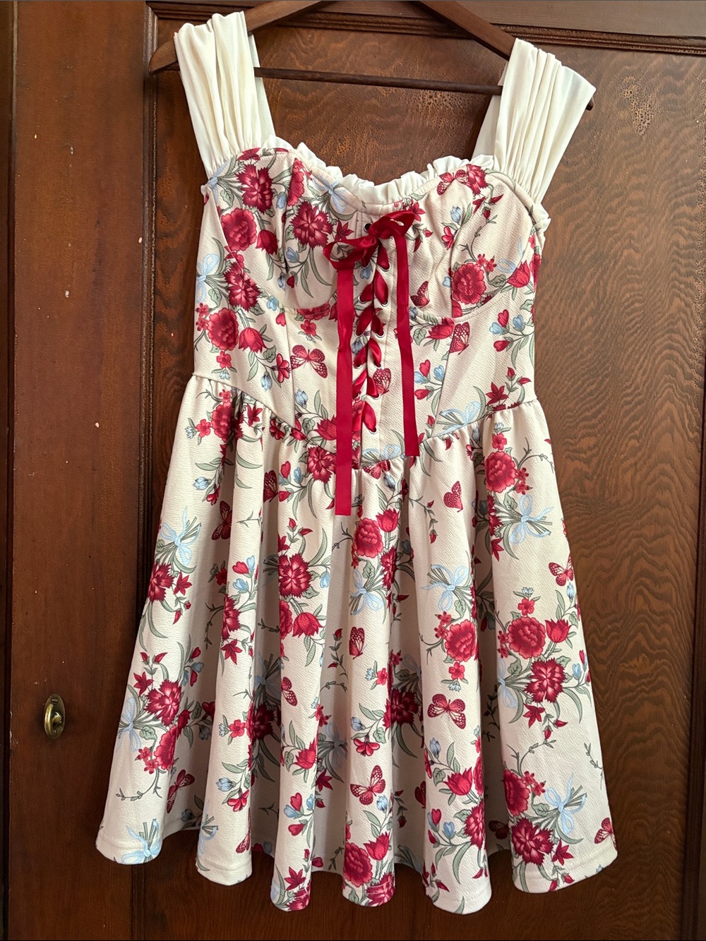 SHEIN Cream Mini Corset Style Dress with Red Floral Print and Red Ribbon Large
